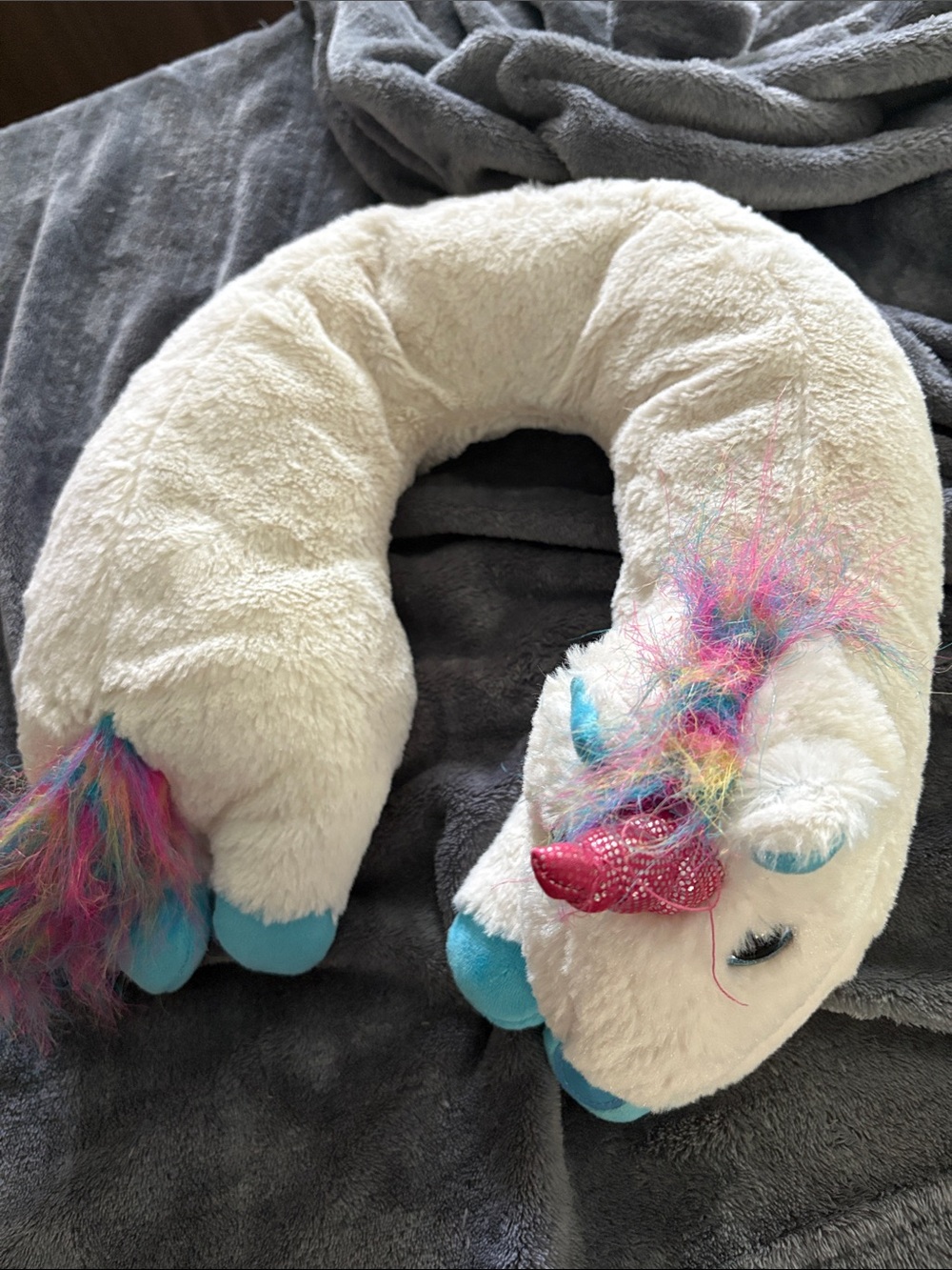 Plush White Unicorn Neck Support Pillow with Colorful Mane